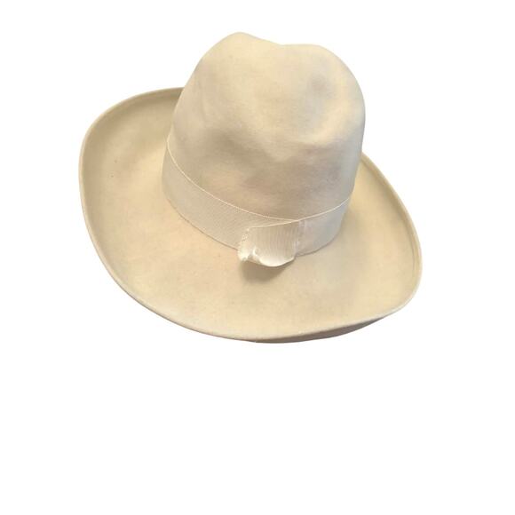 Vintage Ted Lapidus Paris Cream Wool Felt Wide Brim Hat w/Ribbon Designer France - Picture 5 of 6